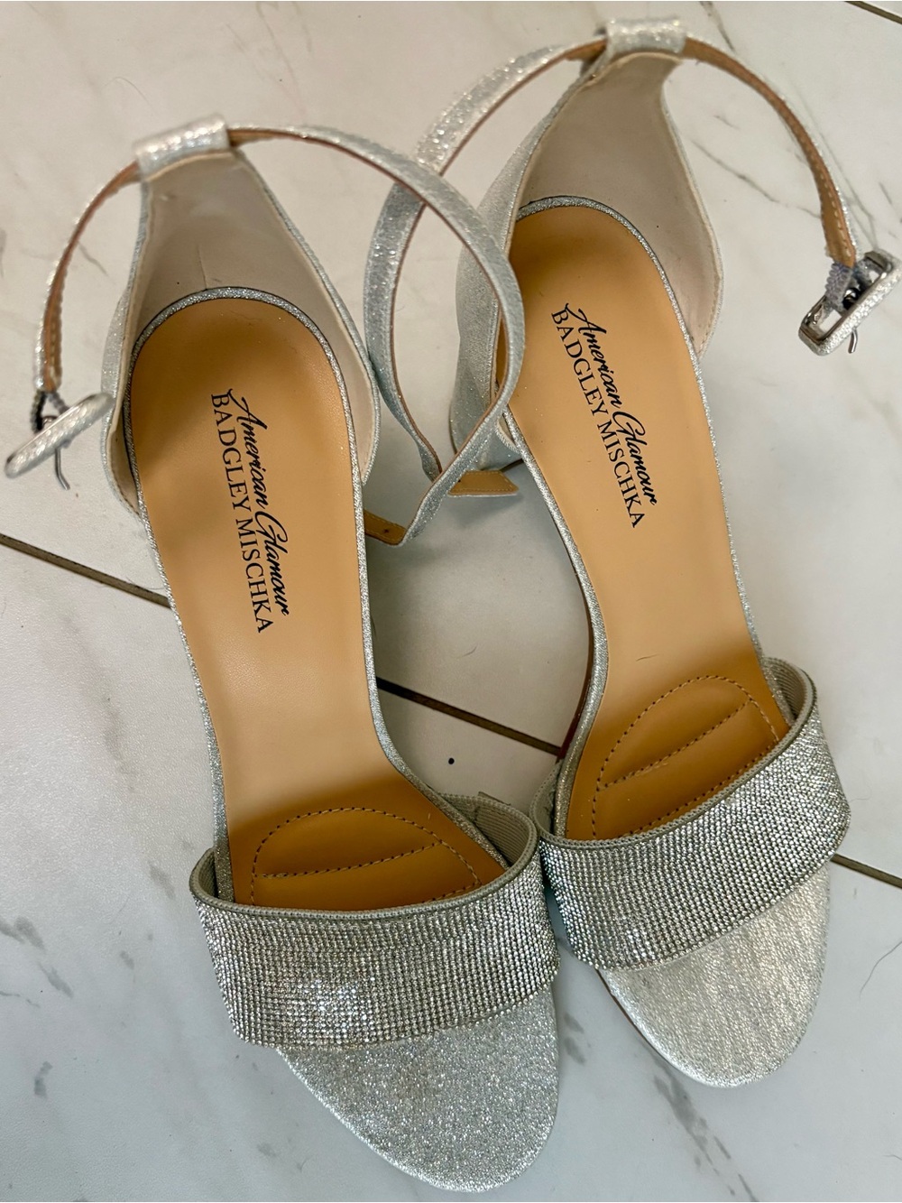 Badgley Mischka Silver Glitter Open-Toe Ankle-Strap Heels